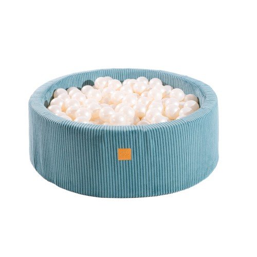 Meowbaby_round-ball-pit_turquoise_white-balls1.jpg Apvalus kamuoliukų baseinas (90 cm) | Turkio spalvos veliūras